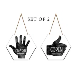 SAF White & Grey 2 Pieces Closed-Open Sign Printed Hexagon Wooden Wall Hanging image 2