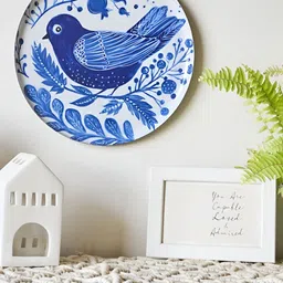 Ritualistic Blue & White Bird Printed Metal Wall Plate image 2
