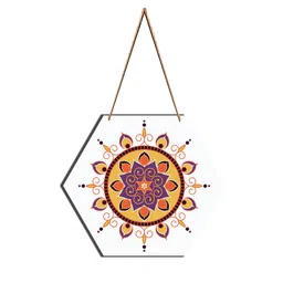 SAF White & Yellow Mandala Printed Hexagon Wooden Wall Hanging image 2