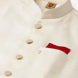 Manyavar Men Cream-Coloured Checked Woven Design Nehru Jacket with Brooch image 3