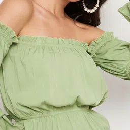 WineRed Green Off-Shoulder Ruffles Crepe Bardot Top image 4
