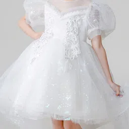 INCLUD Girls Self Design Round Neck Puff Sleeves Fit & Flare Dress image 3