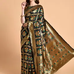 Sangria Black & Gold-Toned Ethnic Motifs Zari Silk Blend Banarasi Saree-image-17