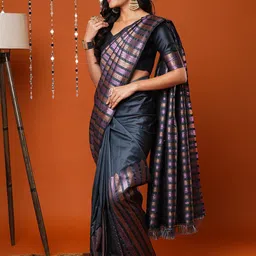 Anouk Grey & Purple Striped Silk Blend Banarasi Saree image 3