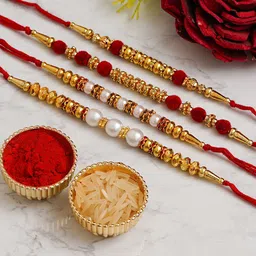 eCraftIndia Red & White Pack of 4 Pearl Rakhis and Roli Chawal image 2