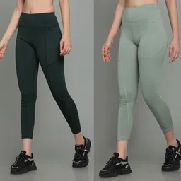 Solid Women Dark Green, Light Green Tights-image-6