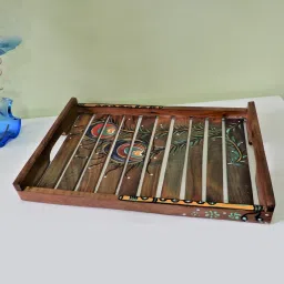disoo fashions Natural Brown Handpainted Wood Serving Tray image 1
