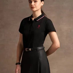 u.s. polo assn. Women Solid Polo Neck Cotton Blend Black T-Shirt-picture-11