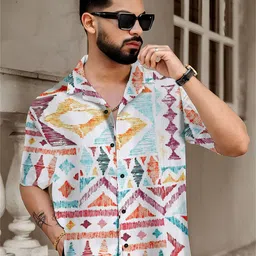 RAHI TRENDZ Men's Regular Fit Geometric Printed Cuban Collar Casual Shirt-picture-17