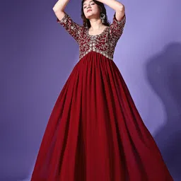 GLOSIA DESIGN Women Yoke Design Cold-Shoulder Sleeves Thread Work Anarkali Kurta image 4