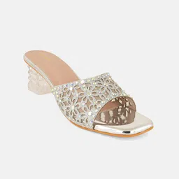 Anouk Women Embellished PU Party Block Sandals with Laser Cuts image 2