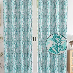 AJISH Turquoise Blue & White Set of 2 Floral Long Door Curtain-image-14