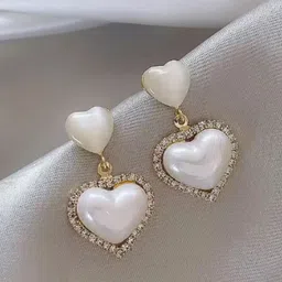 SUBHAGALANKAR Gold-Plated Artificial Stones Studded Double Heart Shaped Drop Earrings-picture-31