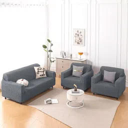 HOKIPO Aria Nova Grey 3 Pieces Self Design 5 Seater Sofa Cover With Arms-picture-32
