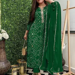 DIVASTRI Bandhani Printed Notch Neck Mirror Work Straight Kurta With Trousers & Dupatta-picture-15