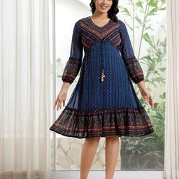 Juniper Ethnic Motifs Print Georgette A-Line Midi Dress image 1