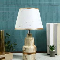 TAYHAA White & Brown Printed Ceramic Contemporary Frusturical Shaped Table Lamp image 2