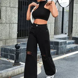 NUCOUTHS Women Super Regular Fit High-Rise Slash Knee Heavy Fade Stretchable Jeans image 2