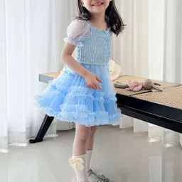 LULU & SKY Girls Puff Sleeves Smocked Ruffled Fit & Flare Dress image 5