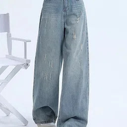 StyleCast Women Comfort Wide Leg High-Rise Mildly Distressed Ribbed Stretchable Jeans-image-34