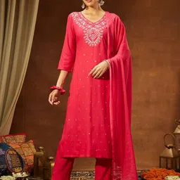 Janasya Women Floral Embroidered Regular Thread Work Kurta with Trousers & With Dupatta-image-87