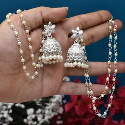 MEIRA JEWELLERY German Silver Pearls Beaded Oxidised Dome Shaped Jhumkas image 1