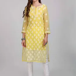 KHAKA Women Ethnic Motifs Embroidered Regular Chikankari Kurta with Trousers-picture-29