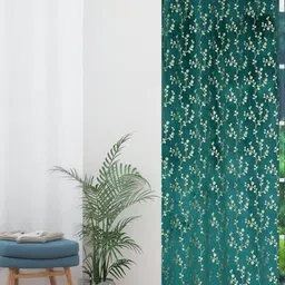 GEET CREATIONS Blue & Gold-Toned Floral Room Darkening Window Eyelet Velvet Curtain-image-52