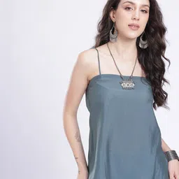 fusion by glitchez Shoulder Straps Thread Work Detail Straight Kurti-image-14