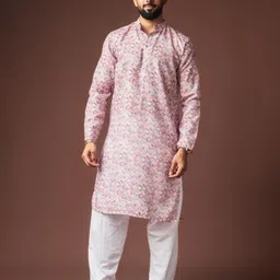 Rawayi Geometric Printed Band Collar Linen Straight Kurta image 4