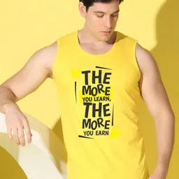 WOOSTRO Pack Of 2 Printed Super Combed Cotton Gym Vests VWS26(MORE YELLOW)(PLAIN YELLOW) image 3