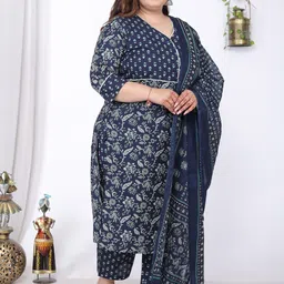 Swasti Plus Size Floral Printed V-Neck Pure Cotton Straight Kurta With Trouser & Dupatta image 5