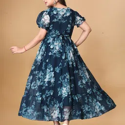 QENA Floral Print Tie-Up Neck Puff Sleeve Georgette Fit & Flare Maxi Dress image 3