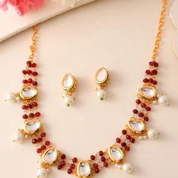 DASTOOR Gold-Plated Stones Studded & Beaded Necklace and Earrings-picture-42