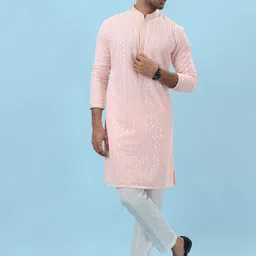 azania Floral Embroidered Sequinned Mandarin Collar Georgette Straight Kurta with Pyjamas-picture-13