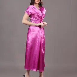 MODA-Q Solid Satin V-Neck A-Line Midi Dress image 2