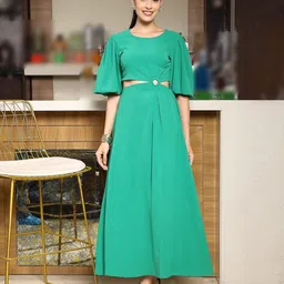 plusS Women Cut-Outs Bishop Sleeves Round Neck Fit & Flare Midi Dress-picture-19