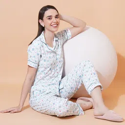 ARV TRENDS Womens White & Blue Striped Cartoon Print Knitted Pajama Set with Short Sleeves-image-53