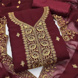 HERE&NOW Floral Embroidered Thread Work Silk Chiffon Unstitched Dress Material-picture-25