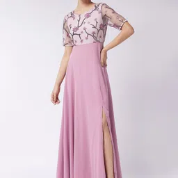 Miss Chase Women Dusty Lavender Round Neck Half Sleeve Solid Embellished Maxi Dress-picture-23