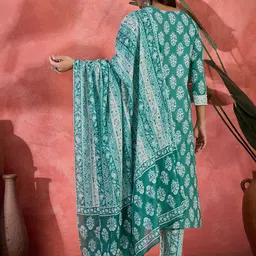 Sangria Floral Printed Pure Cotton Straight Kurta With Trousers & Dupatta image 2