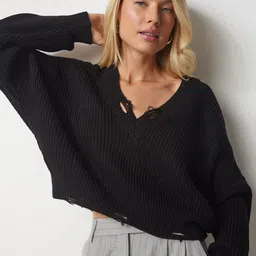 Happiness istanbul Siyah Women Ribbed Crop Pullover Sweater with Fringed Detail-picture-31