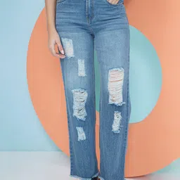 PUELLA Women Straight Fit High-Rise Highly Distressed Light Fade Cotton Jeans-picture-24
