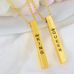 DZINETRENDZ Gold-Plated Bar shape King & Queen Fashion Pendants with Chains-image-3