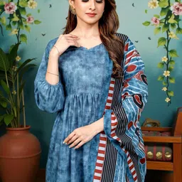 PAMPER YOURSELF Women Printed Panelled Kurta with Trousers & With Dupatta image 4