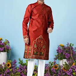 House Of Sanskruti Men Flared Sleeves Jacquard Handloom Kurta image 3