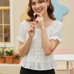 quintessentials Casual Puff Sleeves Self Design Women White Top-picture-13
