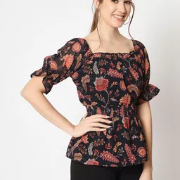 CHARMGAL Floral Print Puff Sleeve Georgette Peplum Top image 3