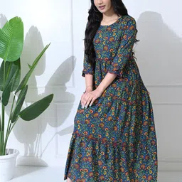 SILAKIVA Floral Printed Flared Sleeves Cotton A-Line Dress image 2