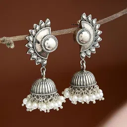 Fabindia Silver Contemporary Shaped Artificial Stone And Beads Jhumkas Earrings-picture-14